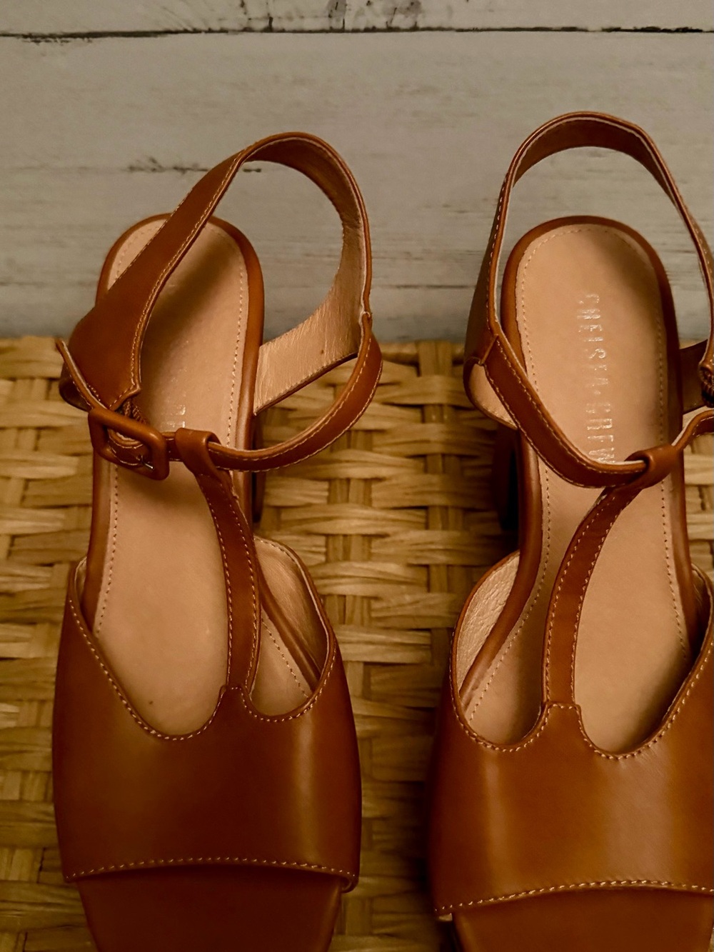 chelsea crew Brown Leather T-Strap Slingback Sandals